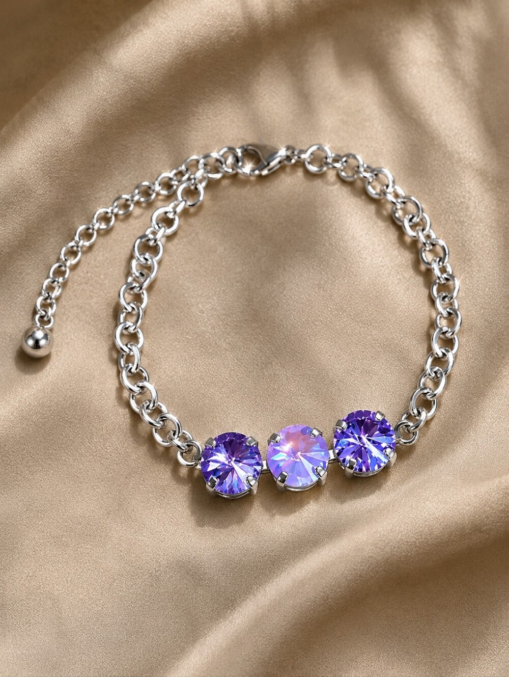Handmade Lavender Crystal Chain Bracelet | Silver Rivoli Adjustable Bracelet